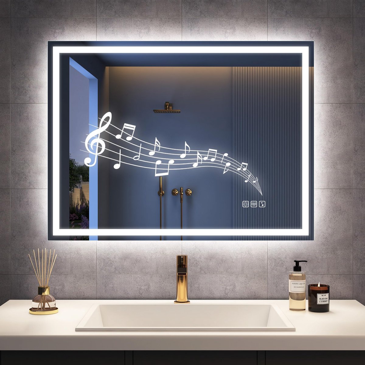 Badkamerspiegel 60 x 80 cm - Verlichte wandspiegel - Bluetooth-luidspreker - Dimbare knop voor sfeer - ShopVlot