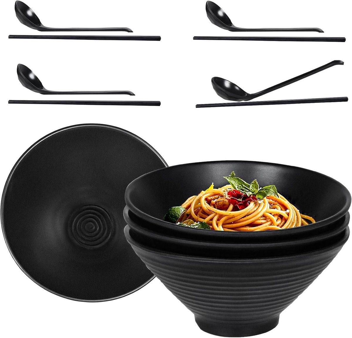 Grote Ramenkommen Set van 4 - Ideaal voor Soepen, Salades en Pasta, Inclusief 4 Lepels en 4 Etenstokjes, Vaatwasserbestendig en Geschikt voor Volwassenen