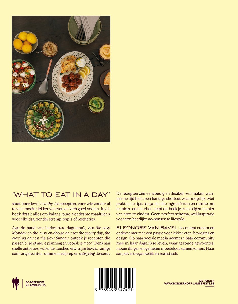 Titelpagina van het kookboek 'What to Eat in a Day' met bovenaan een foto van een tafel vol verschillende gezonde gerechten, zoals salades, hummus en kip.