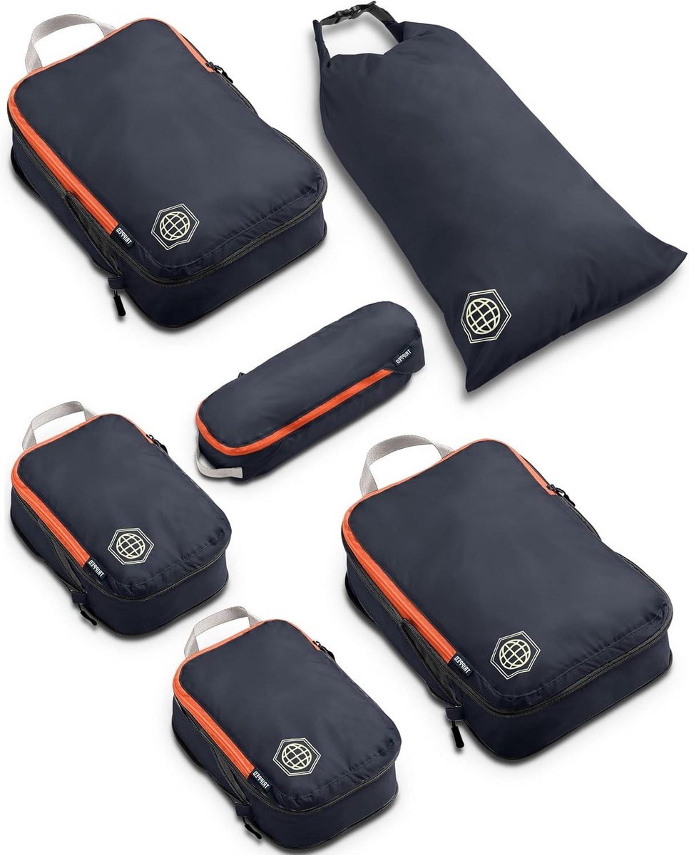 Compressieverpakking Kubussen - Reisorganizers - Bagage Inpakken - Dubbele Rits Systeem - 6 Stuks - Grijs en Oranje