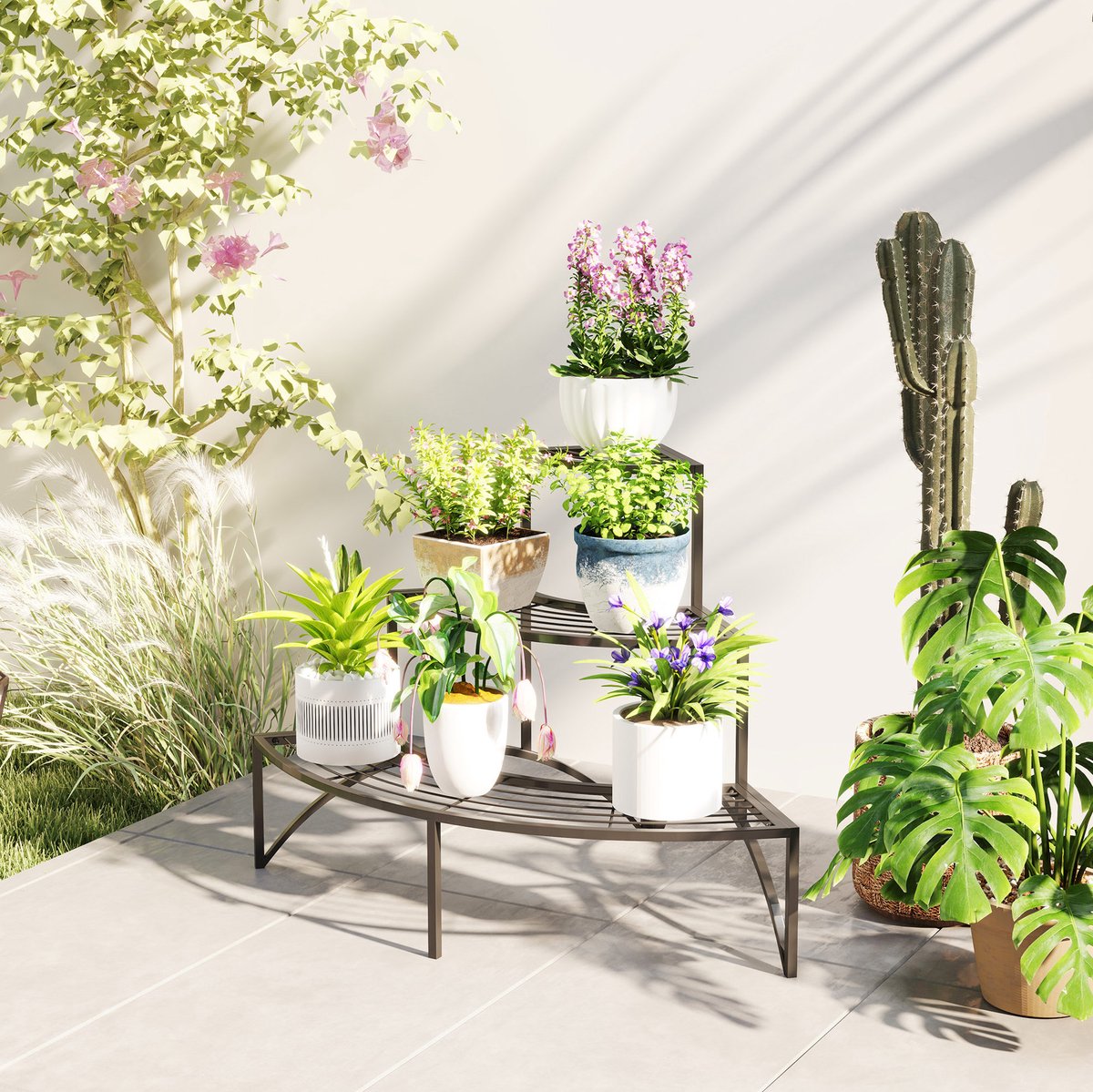 REDOM - Plantenstandaard - 3-laags ontwerp - Hoekmodel - Open legplanken - Voor binnen en buiten - Metaal - Zwart - 87 x 60 x 60 cm