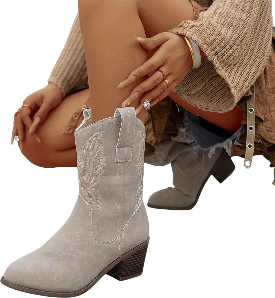 Currero Dames Cowboy Laarzen Hoge Hak Enkellaarzen Kniehoge Western Boots Chelsea 36 5 Beige