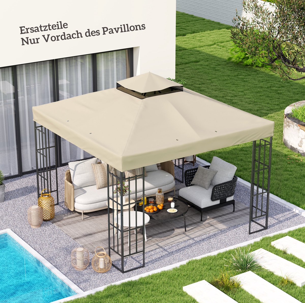 REDOM - Ersatzdach voor paviljoen - 3 x 3 m - Oxford-stof met coating - Dubbellaags dak - Met waterafvoeropeningen - Voor buitengebruik - Polyester - Cremewit - 300 x 300 cm