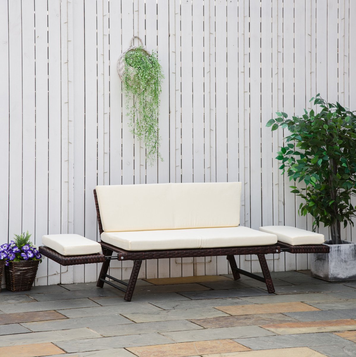REDOM - Tuinbank - 2 zitplaatsen - Klapbare armleuningen - Polyrattan met stalen frame - Loungebank - Terras en balkon - Bruin - 129 x 63 x 67 cm