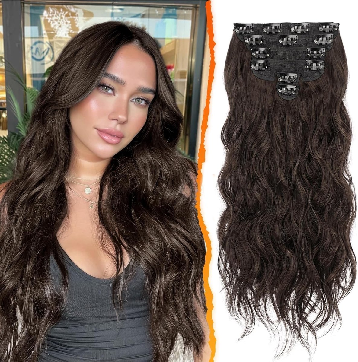 Clip-in Haarextensions voor Vrouwen, 50 cm Lange Golvende Bruine Haarstukken, 6 Stuks Dikke Krullende Natuurlijke Synthetische Haarverlengingen