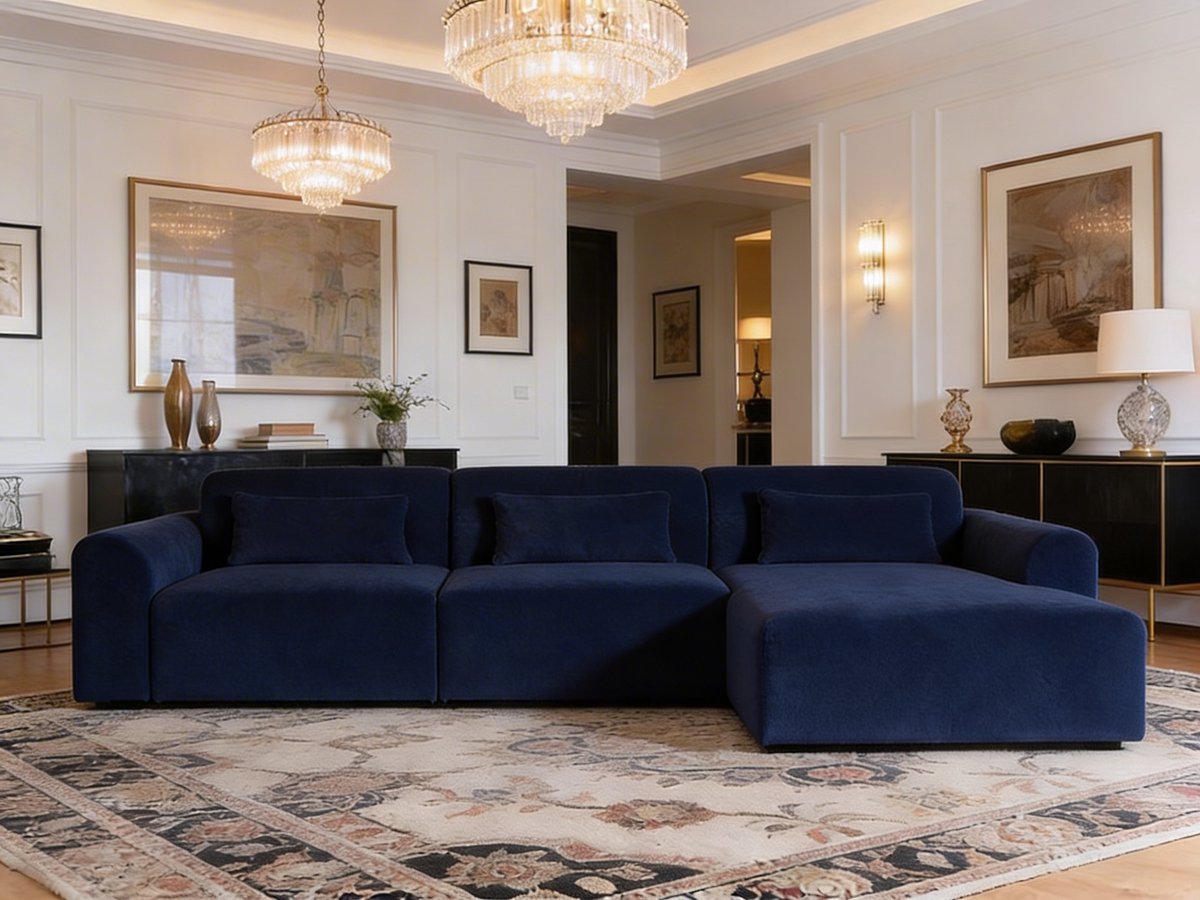 Valmont Lounge – Koningstijl – Navy Bouclé Hoekbank – Royale Chaise Longue – Inclusief Rugkussens – Luxe Loungebank voor Woonkamer
