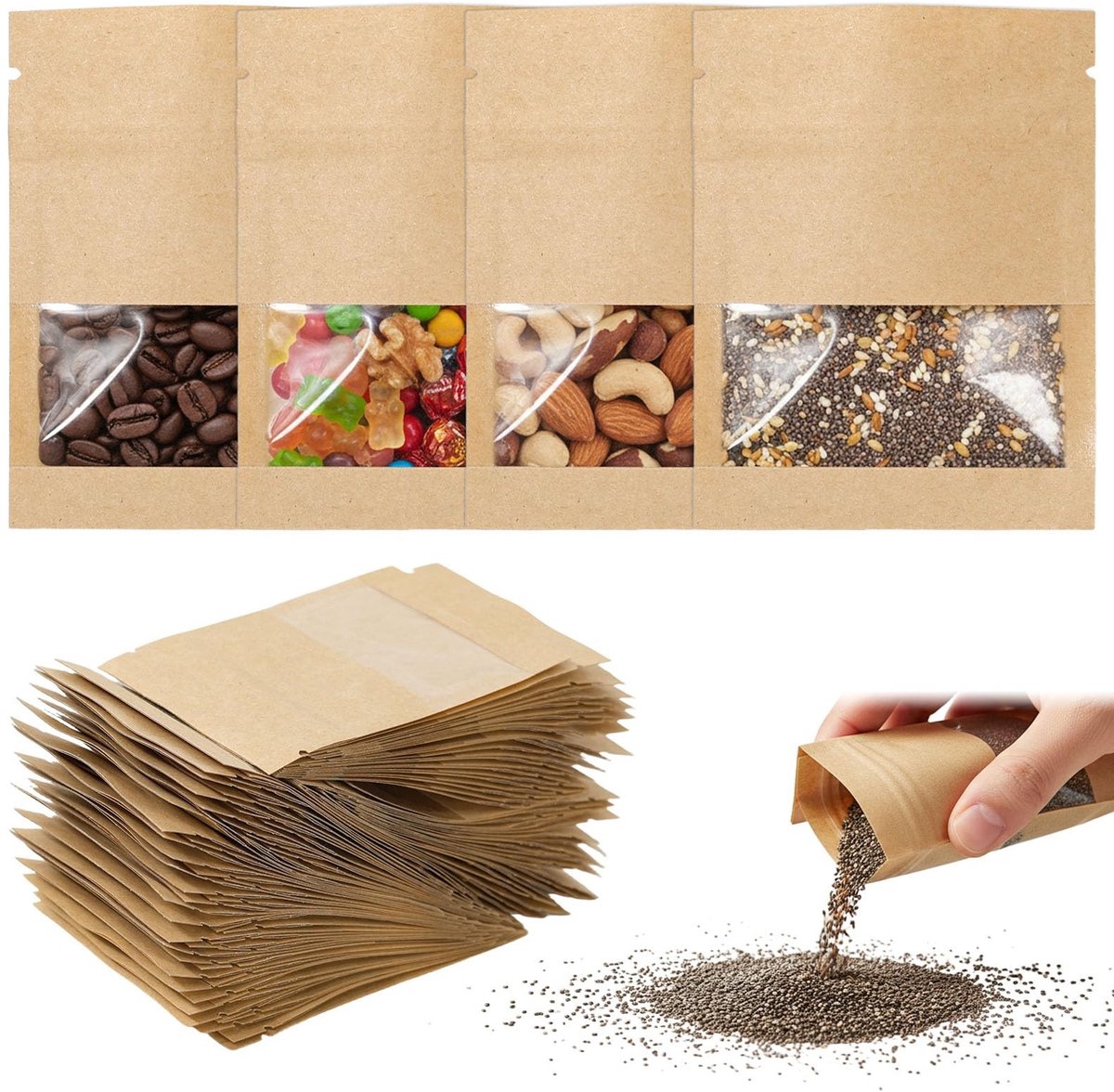 Solidchoice- Koekjeszakjes 100 Stuks - Kraftpapieren Zakjes - Papieren Zakken met Venster - Verpakkingszakken - Voor Snoep/Noten - Kleine Formaat - Verpakkingszakjes