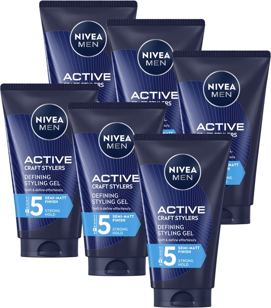 Zes tubes NIVEA MEN Active Craft Stylers Defining Styling Gel op een witte achtergrond.