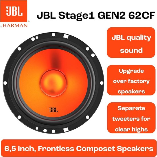 JBL Stage1 GEN2 62CF 6,5 inch woofer met oranje conus, omringd door de tekst "JBL quality sound", "Upgrade over factory speakers", "Separate tweeters for clear highs", en "6,5 Inch, Frontless Composet Speakers".