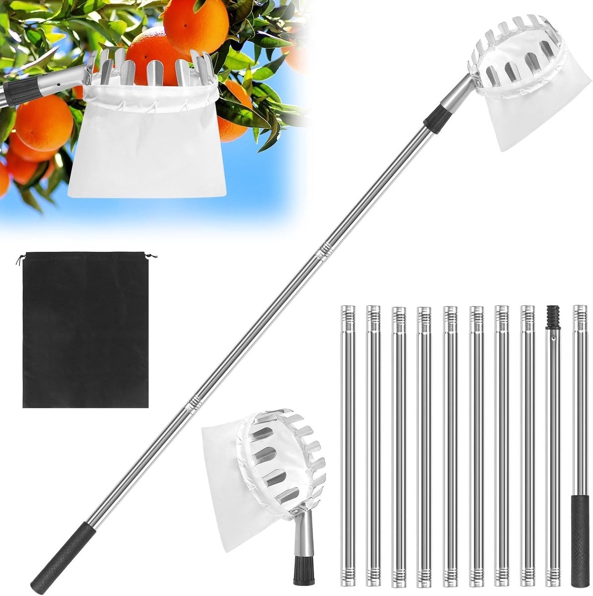 Fruitplukker met telescoop handvat, 4 meter lang, ideaal voor kersen en appels, eenvoudig te monteren, inclusief katoenen tas voor fruitbomen