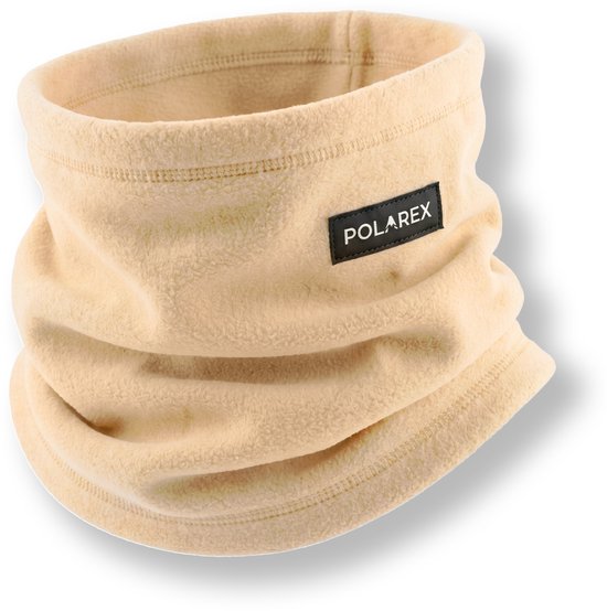 Een beige Polarex nekwarmer met een zwart label.
