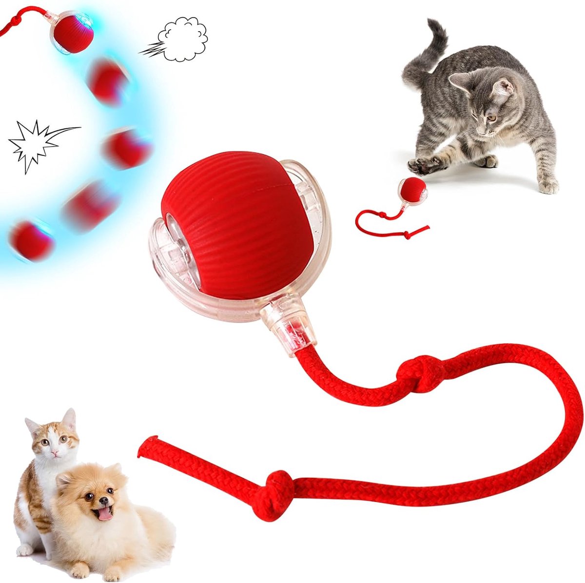 Interactieve rollende hondenbal - Kattenspeelgoed Interactief - Hondenspeelgoed - kattenspeelgoed - Automatisch kattenspeelgoed - Automatisch bewegend hondenspeelgoed - Geschikt Voor Katten en Kleine Honden- ROOD