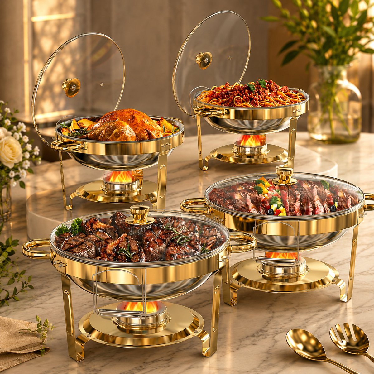 Buffetschaal 4-delig, 6QT RVS met glazen deksel en dekselhouder, gouden accenten, voor catering en evenementen