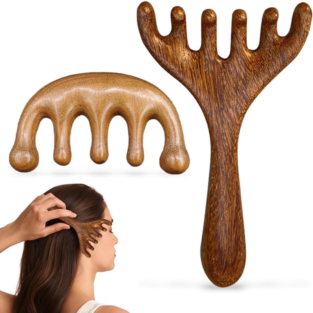 Set van 2 Houten Hoofdmassagers, Draagbare Hoofdkrabbers voor Ontspanning en Stressverlichting, Ideaal voor Hoofdmassage en Verzorging van de Scalp