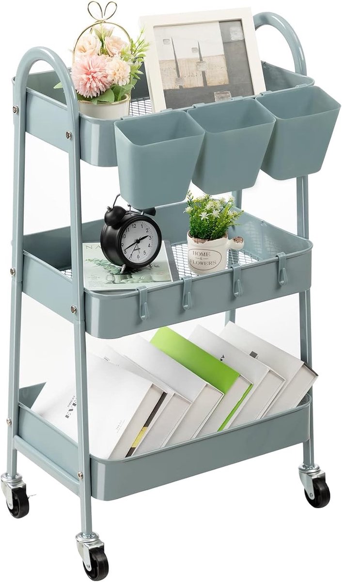 3-Tier Roller Cart met Lockable Wheels, Hangende Bekers en Haken, Mobiele Trolley voor Keuken, Badkamer en Kantoor, Grijs Blauw