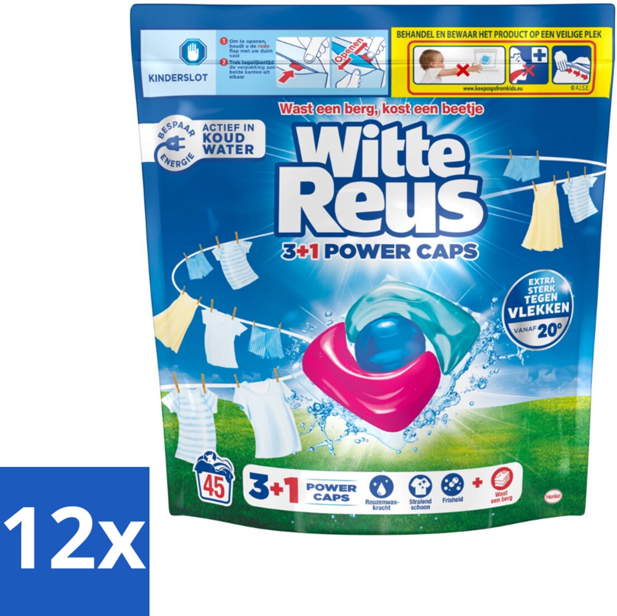 12 x Witte Reus - 3+1 Power Caps - Witte Was - 45 Wasbeurten - Wascaps - Wasmiddel - Wit Wasgoed - Lichtgekleurd Wasgoed - Vlekkenverwijderaar