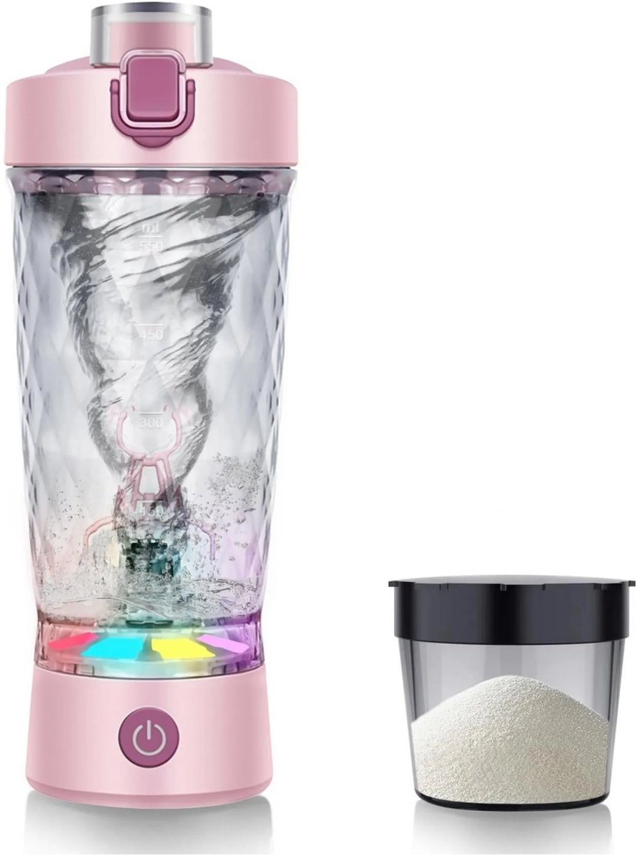 Shakebeker met poeder compartiment - Shakebeker Elektrisch - Proteïne Shaker - 650 ml - Eiwit Mixer-Schudder - USB oplaadbaar - voor Proteïnepoeder en Milkshake - BPA-vrij - met 7-kleuren LED-licht - Roze