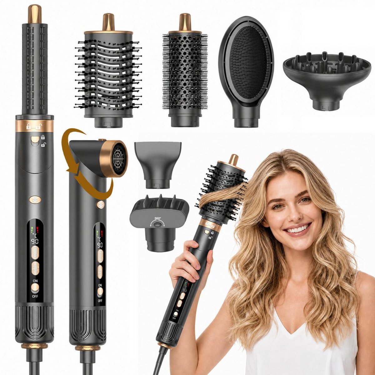 FOSMET Krultang - 7 in 1 Airstyler - Fohnborstel - Krultangen 32mm - Warmteborste - 1300W Airstyler - 7 Opzetstukken - Drie Temperatuurinstellingen - Ionisch - Krulborstel en Stijlborste - Met Handschoen,Haarklem - Voor Kort en Lang Haar - grijs