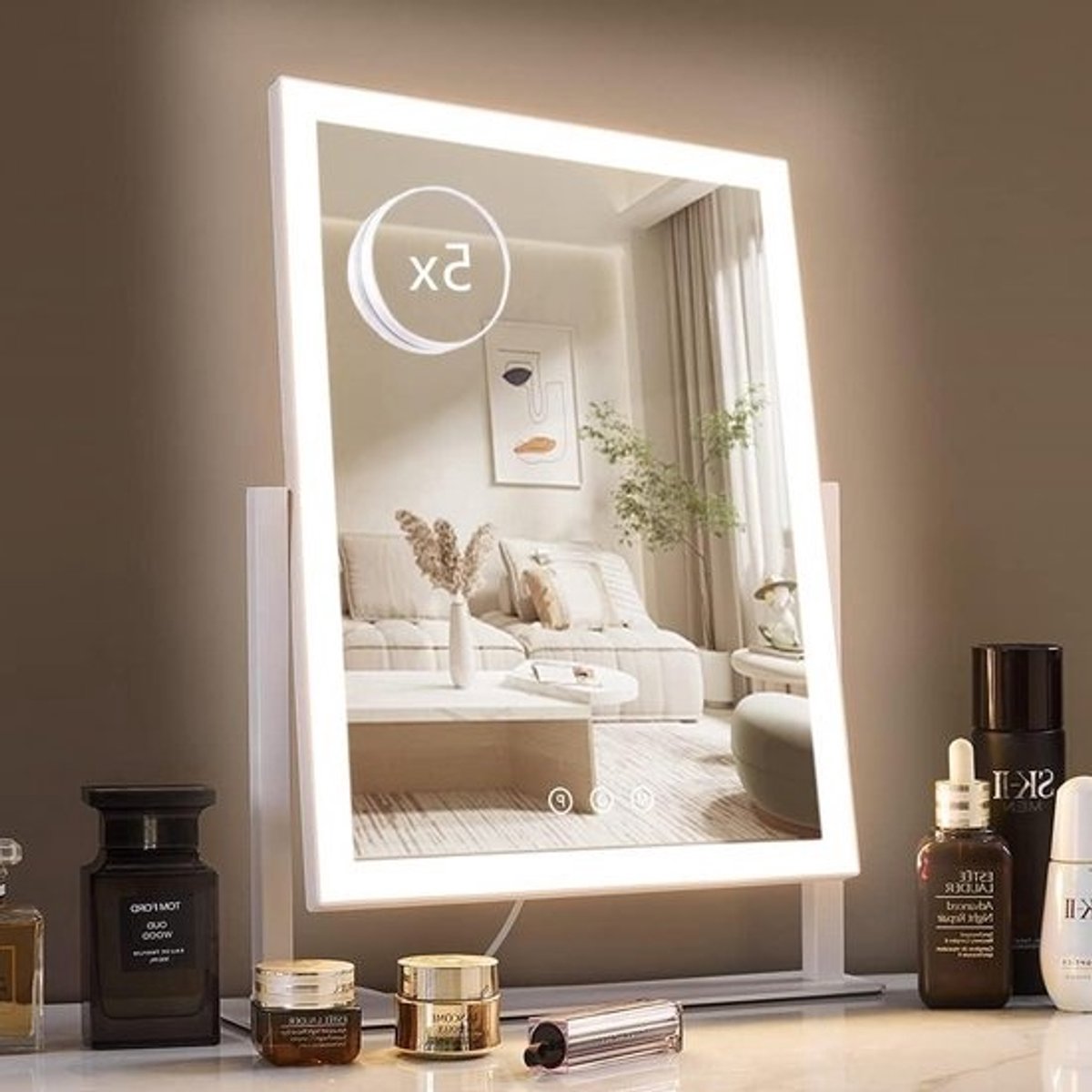 Hollywood Makeup Mirror - Three Color Lighting Modes and 5x Magnification Mirror - Smart Touch Control - 360° Rotation - 15.2 Inches White