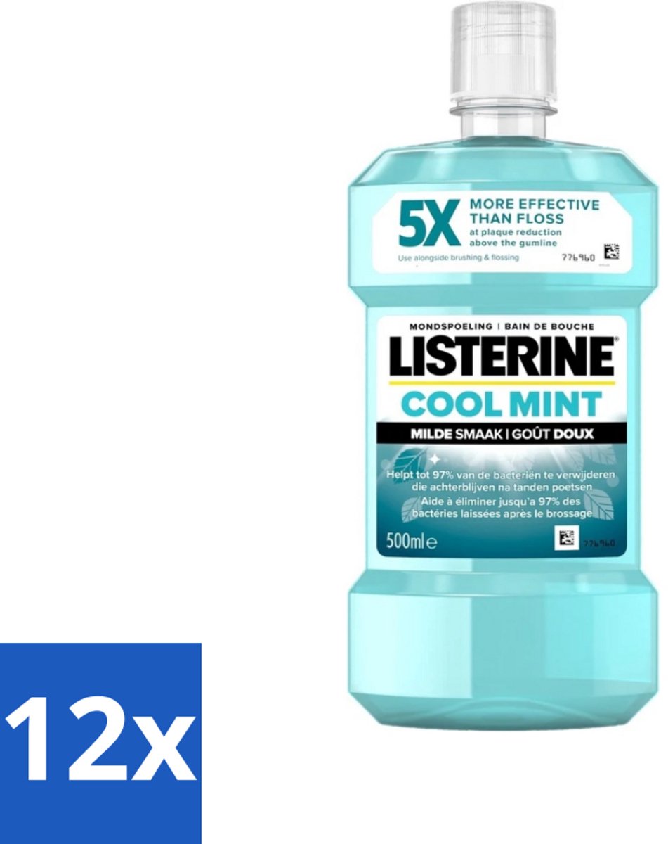 12 x Listerine - Mondwater - Cool Mint - Milde Smaak - 500 ml - Mondspoeling - Mondwater - Tandplak - Tandvlees - Mondhygiëne