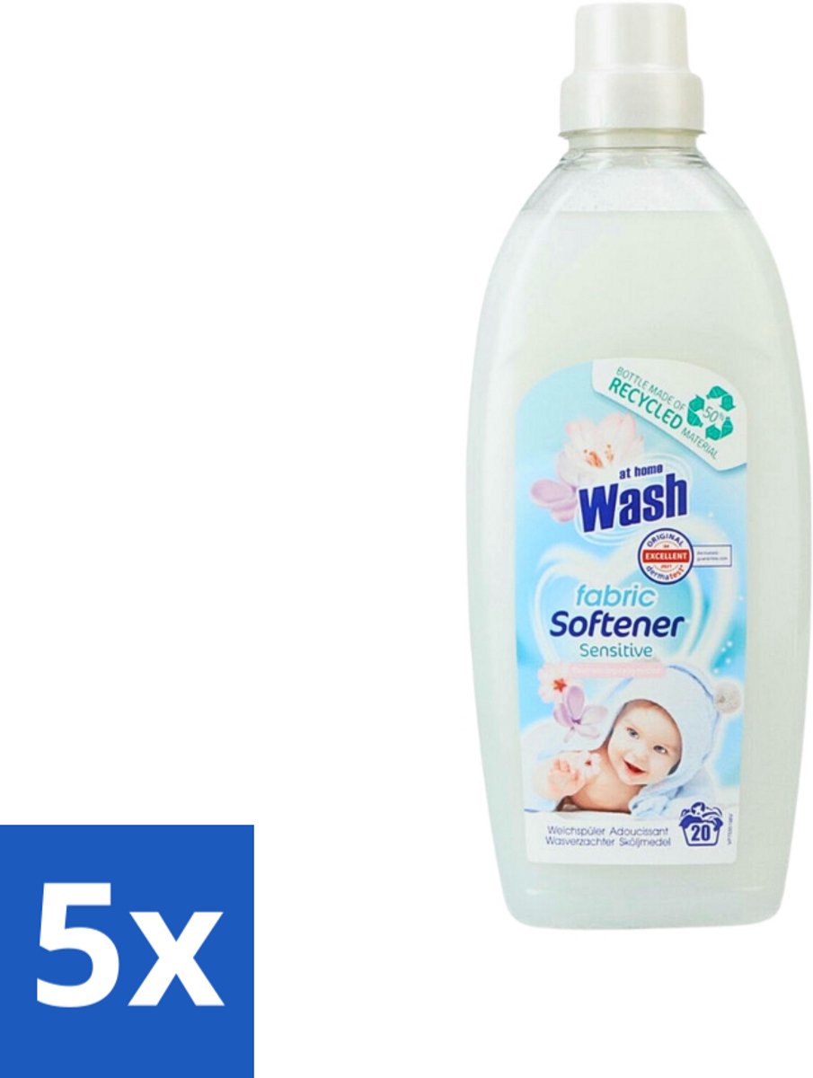 5 x At Home - Wash - Wasverzachter - Sensitive - 20 Wasbeurten - Wasverzachter - Wasverzachter Sensitive - Wasverzachter Voor Kleding - Wasverzachter Voor Alle Stoffen - Wasverzachter Voor Katoen