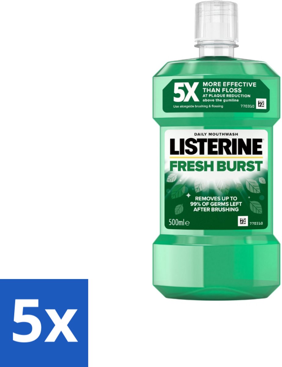 5 x Listerine - Mondwater - Fresh Burst - Sterk Gebit - 500 ml - Mondspoeling - Mondwater - Tandplak - Gebit - Frisse Adem