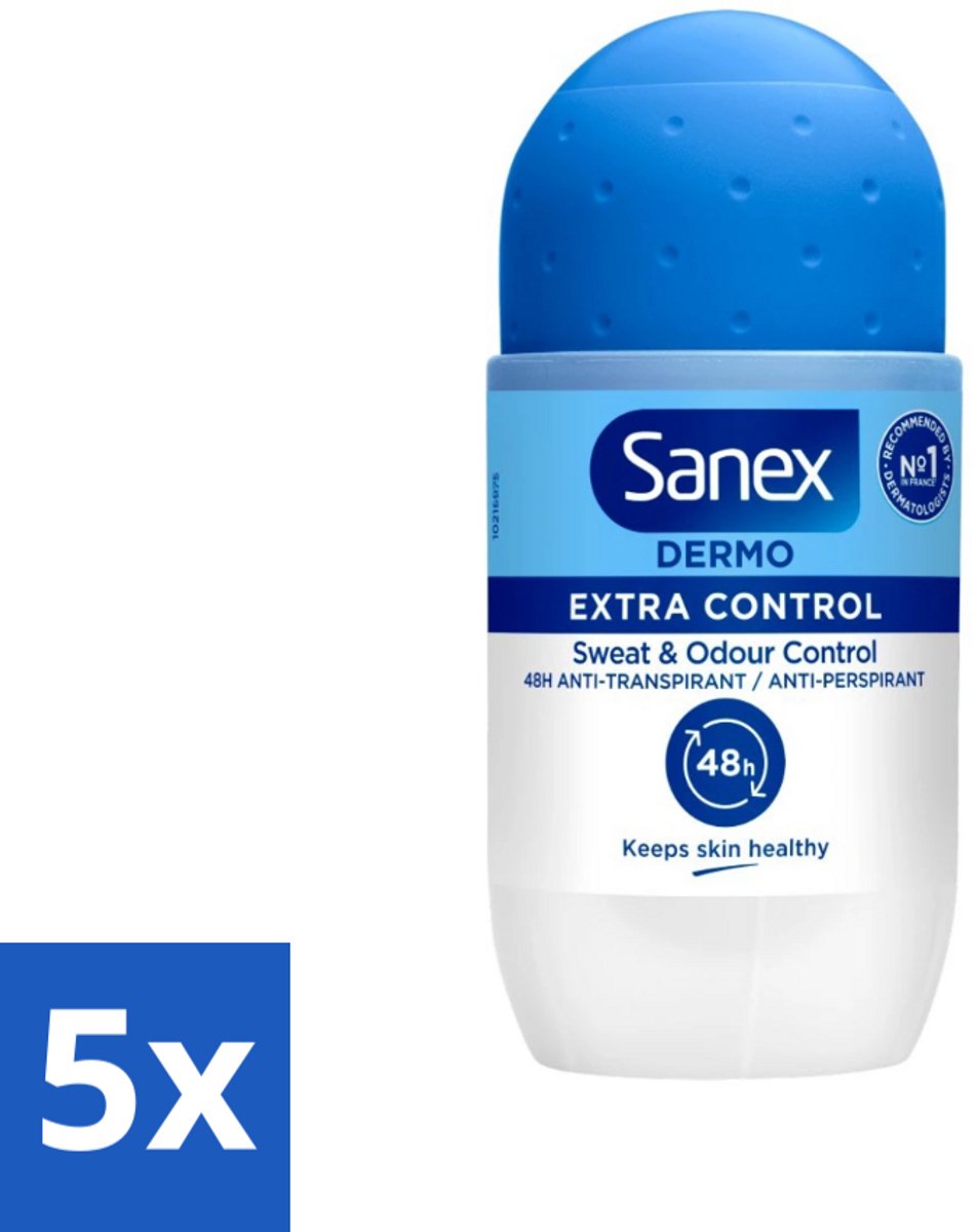 5 x Sanex - Deodorant - Roller - Dermo Extra Control - Extra Bescherming tegen Geur - 50 ml - Sanex Dermo Extra Control - Anti-transpirant Roller - Langdurige Bescherming - Bescherming Tegen Geur - Aluminiumchloride
