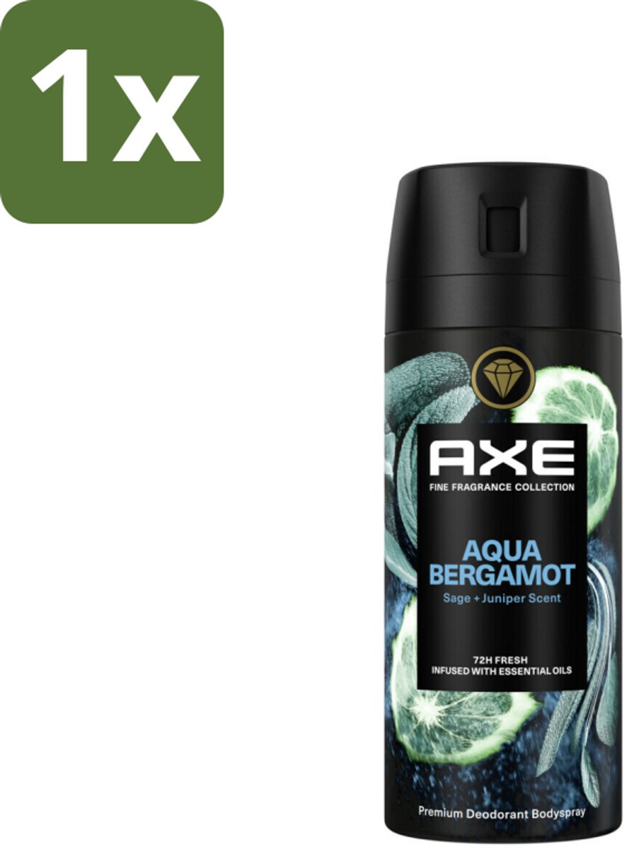 1 x Axe Deodorant Bodyspray Aqua Bergamot 150 ml - Axe Aqua Bergamot - Deodorant Bodyspray - 72 Uur Bescherming - Onweerstaanbare Geur - Premium Geur
