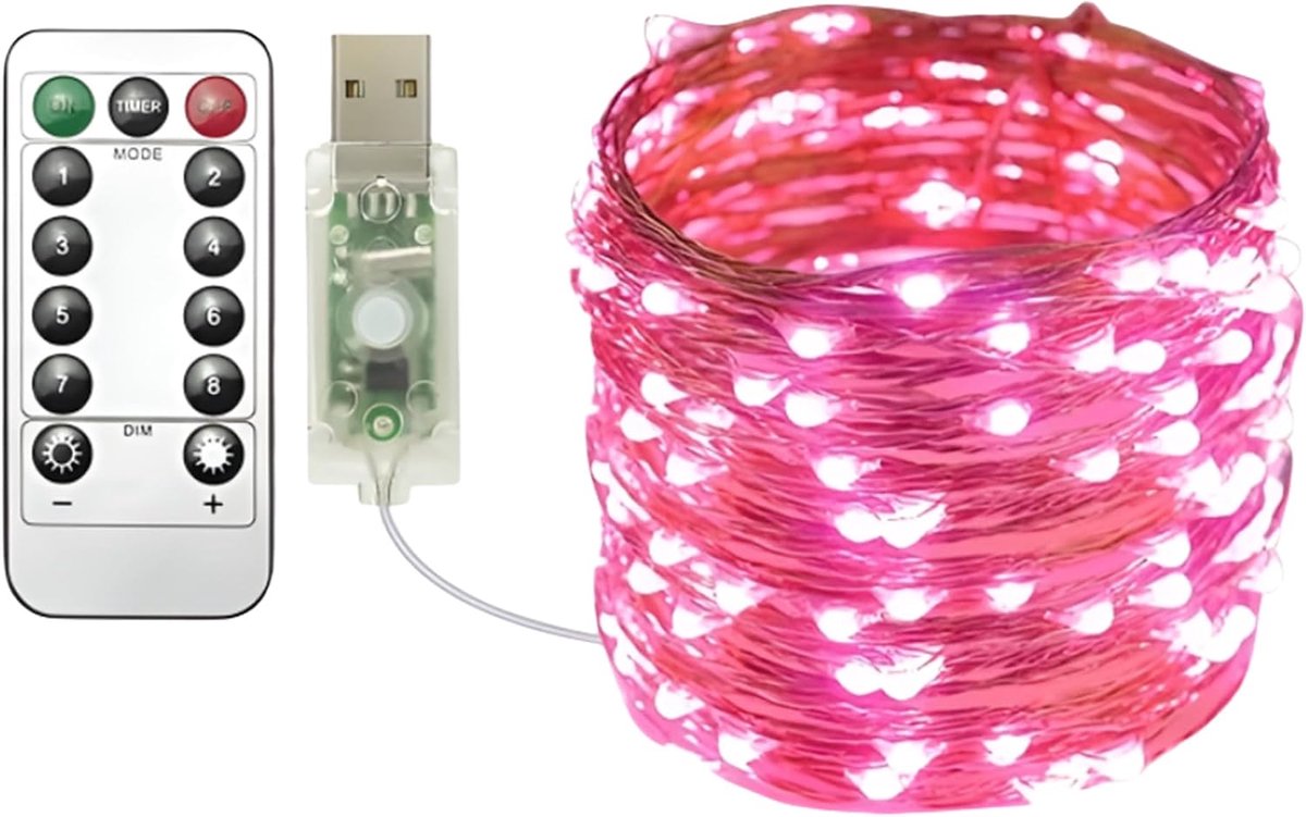 USB fairy lights 10M - roze 100LED koper draad - met afstandsbediening - sfeervolle decoratie voor kerst en slaapkamer - ShopVlot