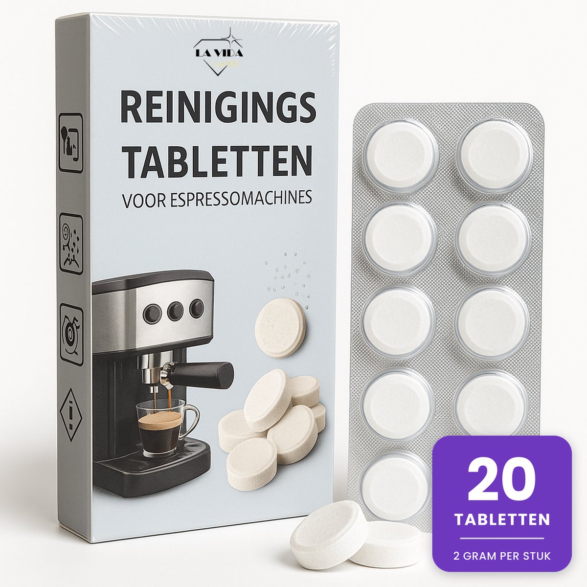 Reinigings tabletten Koffiemachine - 20 stuks van 2 gram - Reinigingstabletten voor Jura, Siemens, Bosch, Philips, Krups en De'Longhi - La Vida Luxe