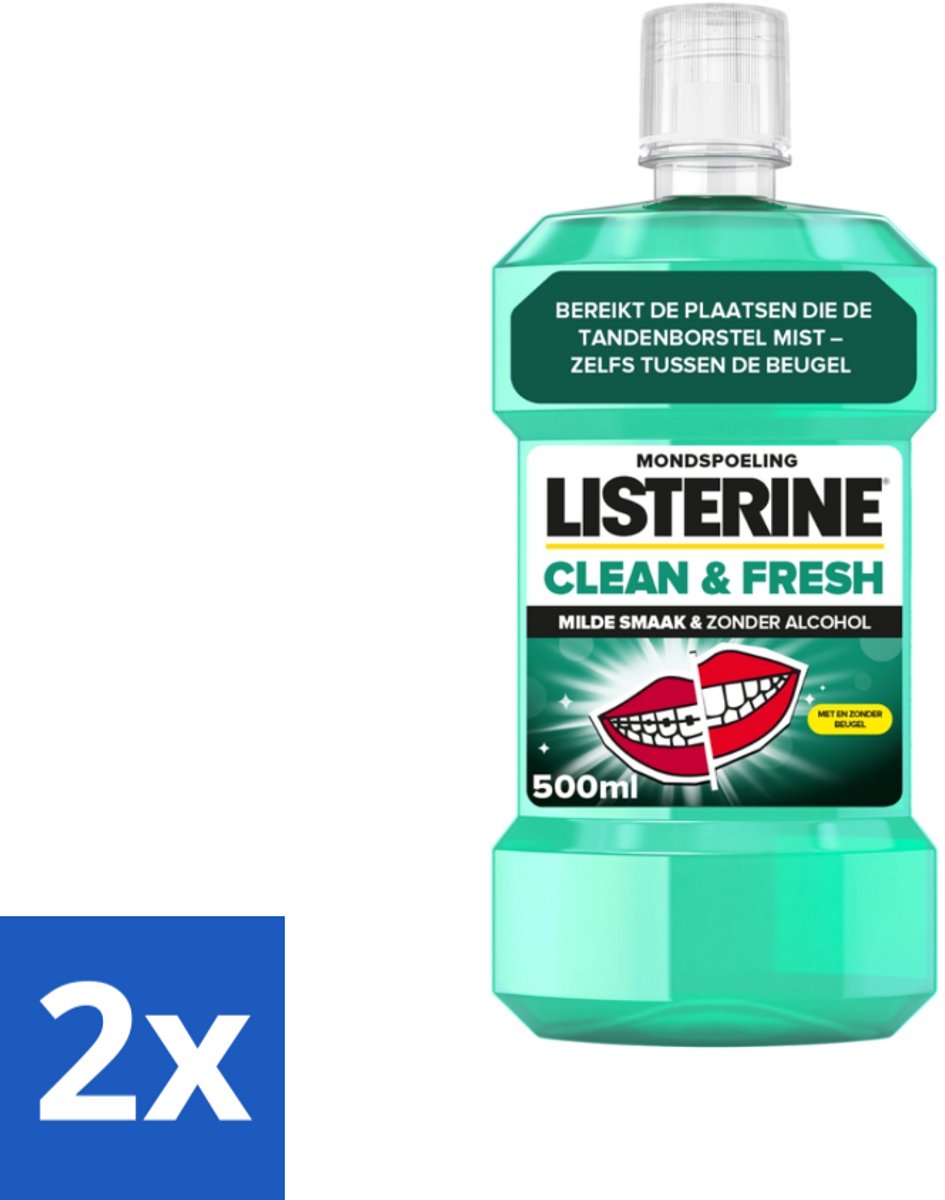 2 x Listerine - Mondwater - Clean & Fresh - Zonder Alcohol - 500 ml - Mondspoeling - Mondwater - Tandplak - Bacteriën - Beugel