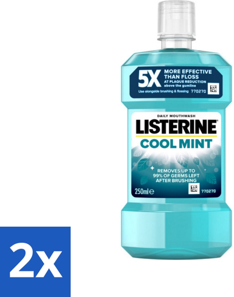 2 x Listerine - Mondwater - Cool Mint - 250 ml - Mondspoeling - Mondverzorging - Frisse Adem - Tandplak - Gezond Tandvlees
