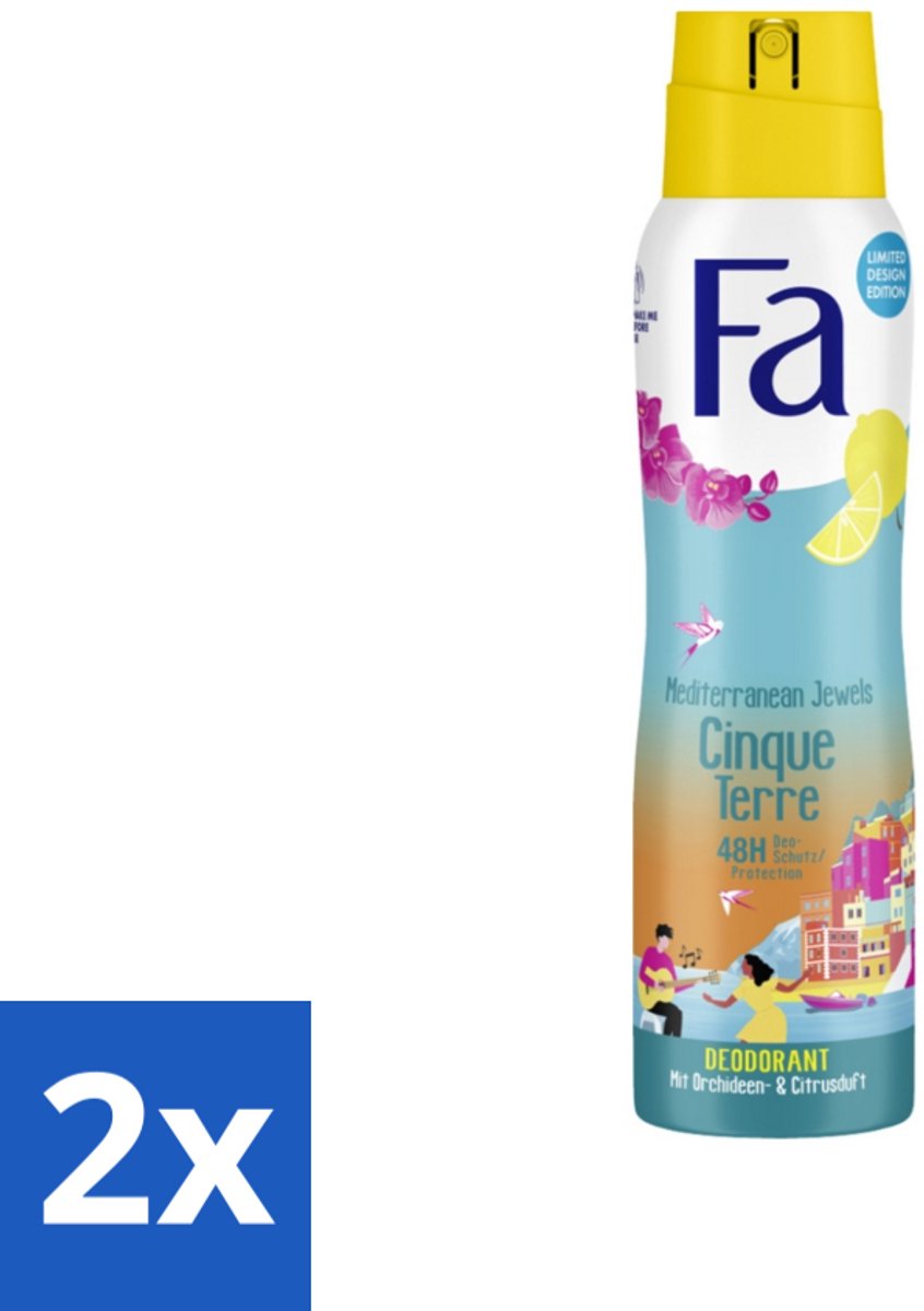 2 x Fa - Deodorant Spray - Mediterranean Jewels - Orchidee & Citrus - 48 uur Bescherming - 150 ml - Deodorant Spray - 48 Uur Bescherming - Orchidee Citrus - Vegan Deodorant - Aluminiumzoutvrij