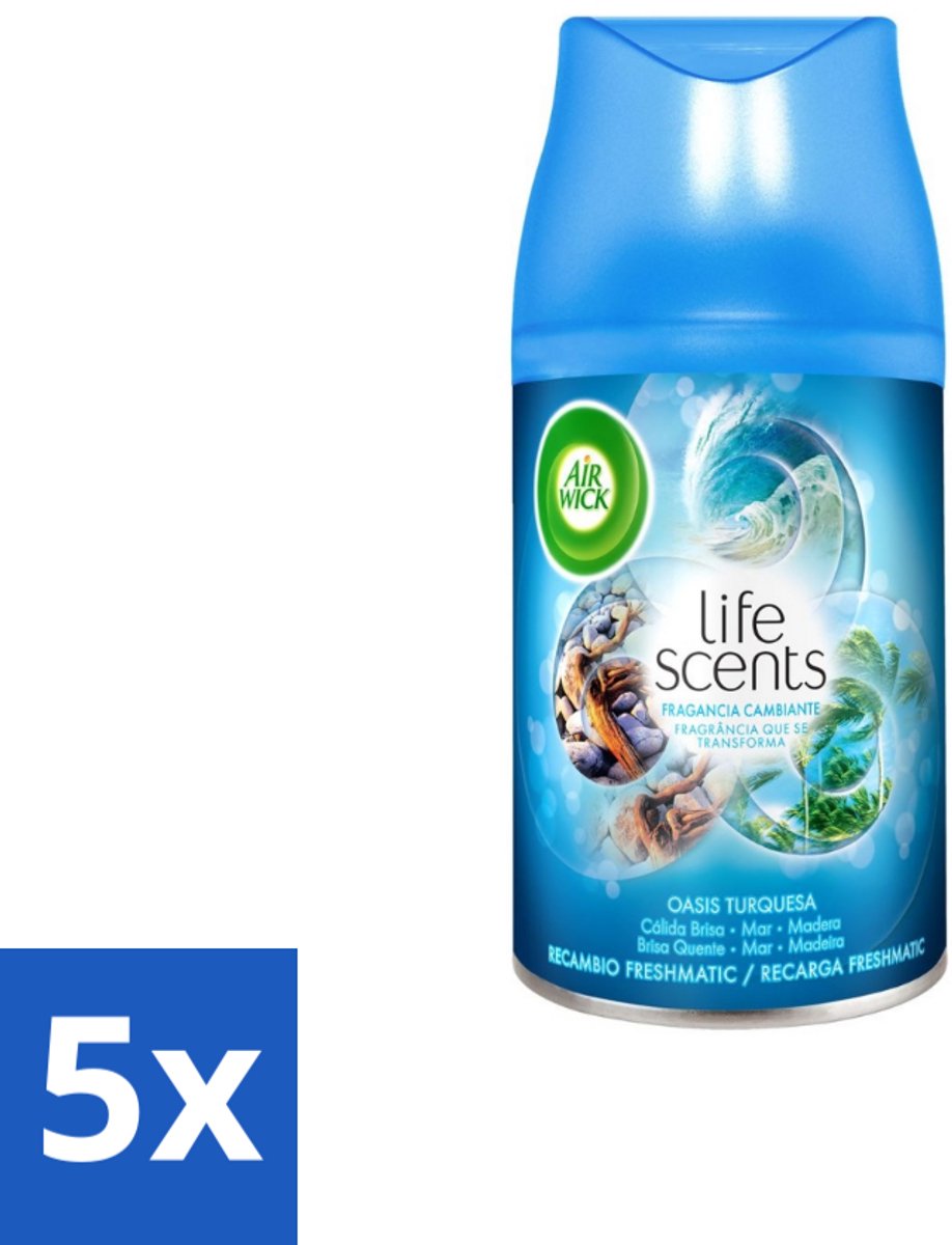 5 x Air Wick - Luchtverfrisser Navulling - Turquoise Oase - Automatische Spray - 250 ml - Luchtverfrisser - Geur - Tropische Geur - Drijfhout - Zeenevel