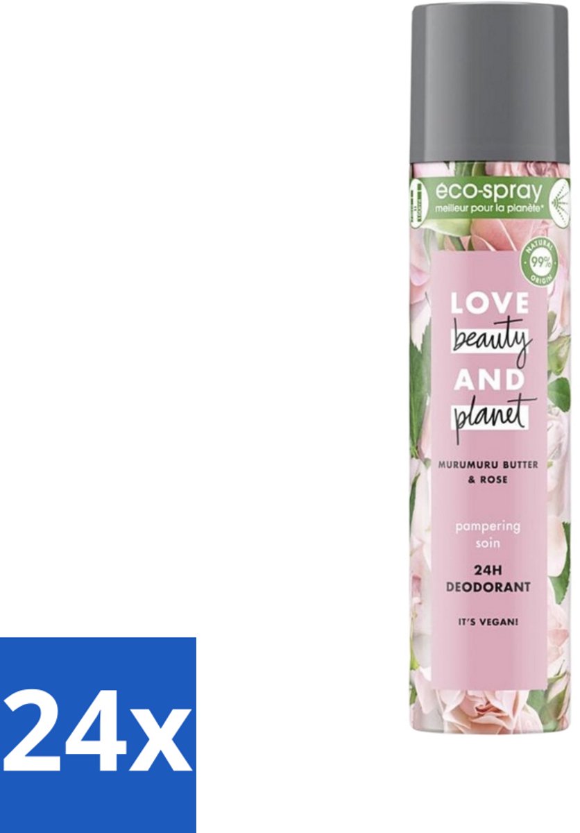 24 x Love Beauty and Planet - Deospray - Murumuru Butter & Rose - 75 ml - Deospray - Murumuru Boter - Roze Geur - Vegan Deodorant - Natuurlijke Deodorant