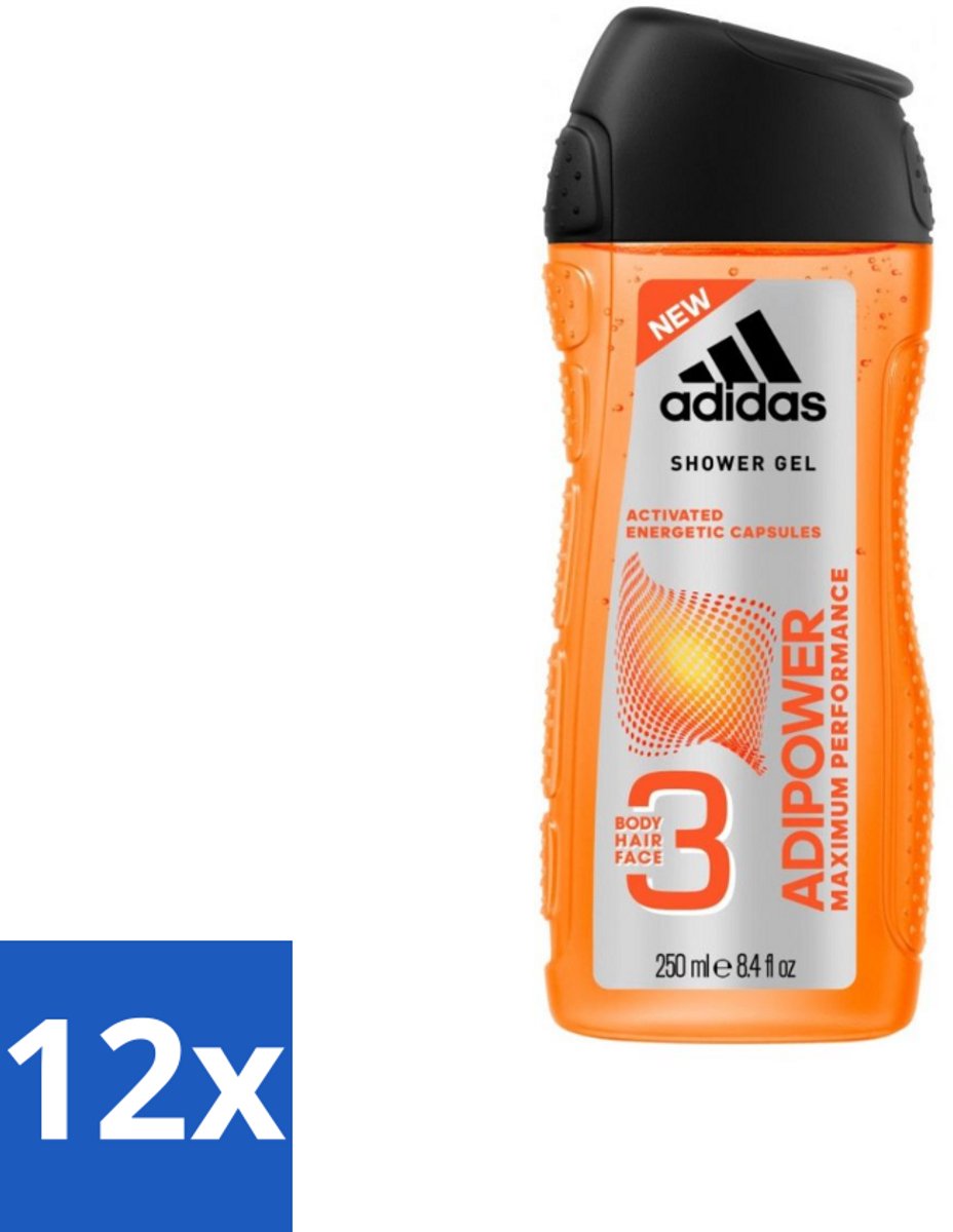 12 x Adidas - 3-in-1 Douchegel - Adipower Maximum Performance -250 ml - Adidas Adipower Douche & Shampoo - Douche En Shampoo - Sportief Haar En Huid Verzorging - Energiek Gevoel - Frisheid