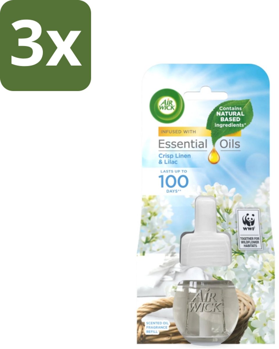 3 x Air Wick - Luchtverfrisser Navulling - Essentiële Oliën - Fris Linnen & Lilac - Elektrische Geurverspreider - 20 ml - Luchtverfrisser - Geurverspreider - Essentiële Oliën - Fris Linnen - Lila Geur