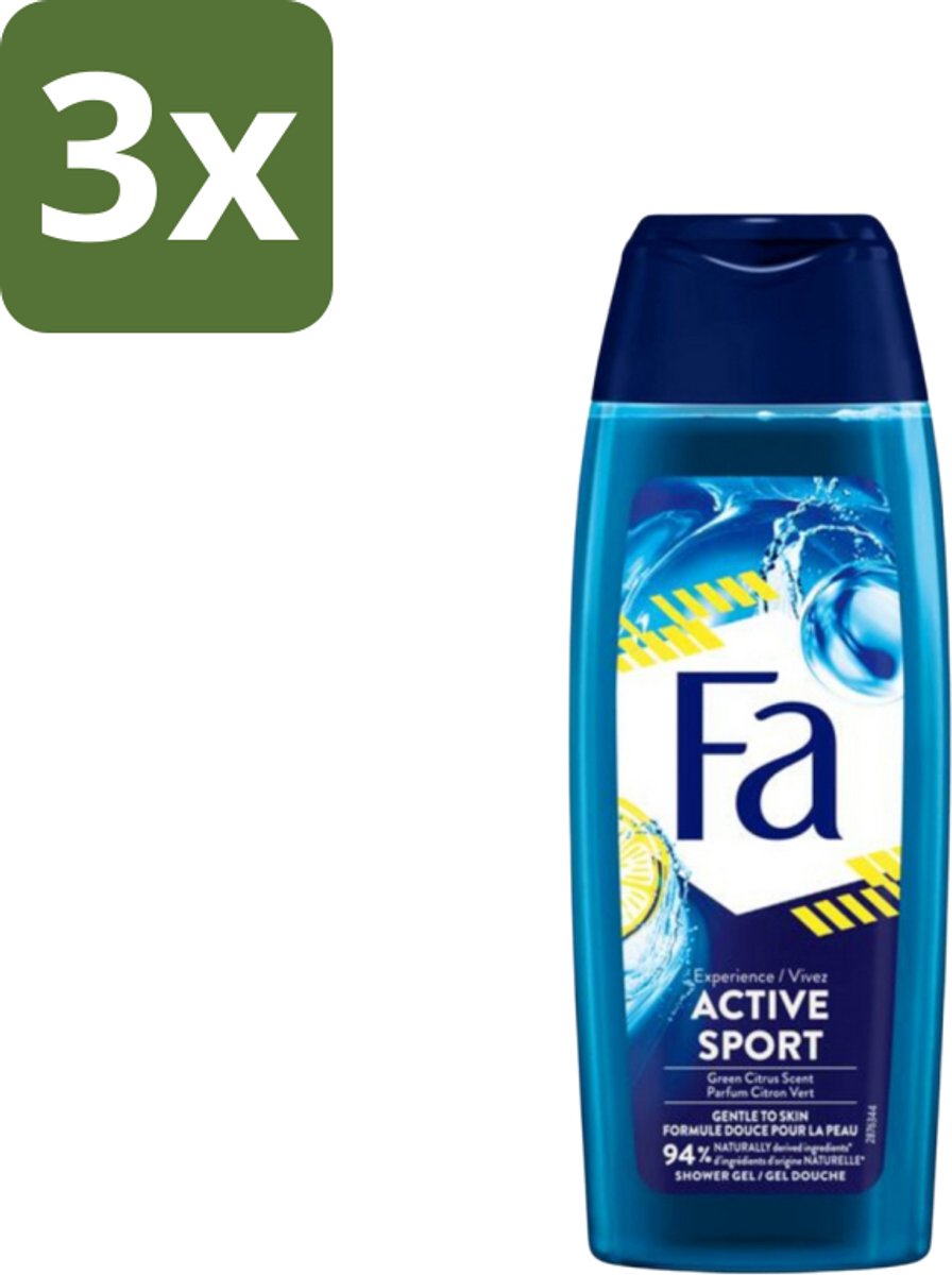 3 x Fa Men - Douchegel - Active Sport - Verfrissend - Green Citrus - 250 ml - 48 Uur Bescherming - Sportieve Deodorant - Verfrissende Geur - Actieve Dag - Zweet En Geuren