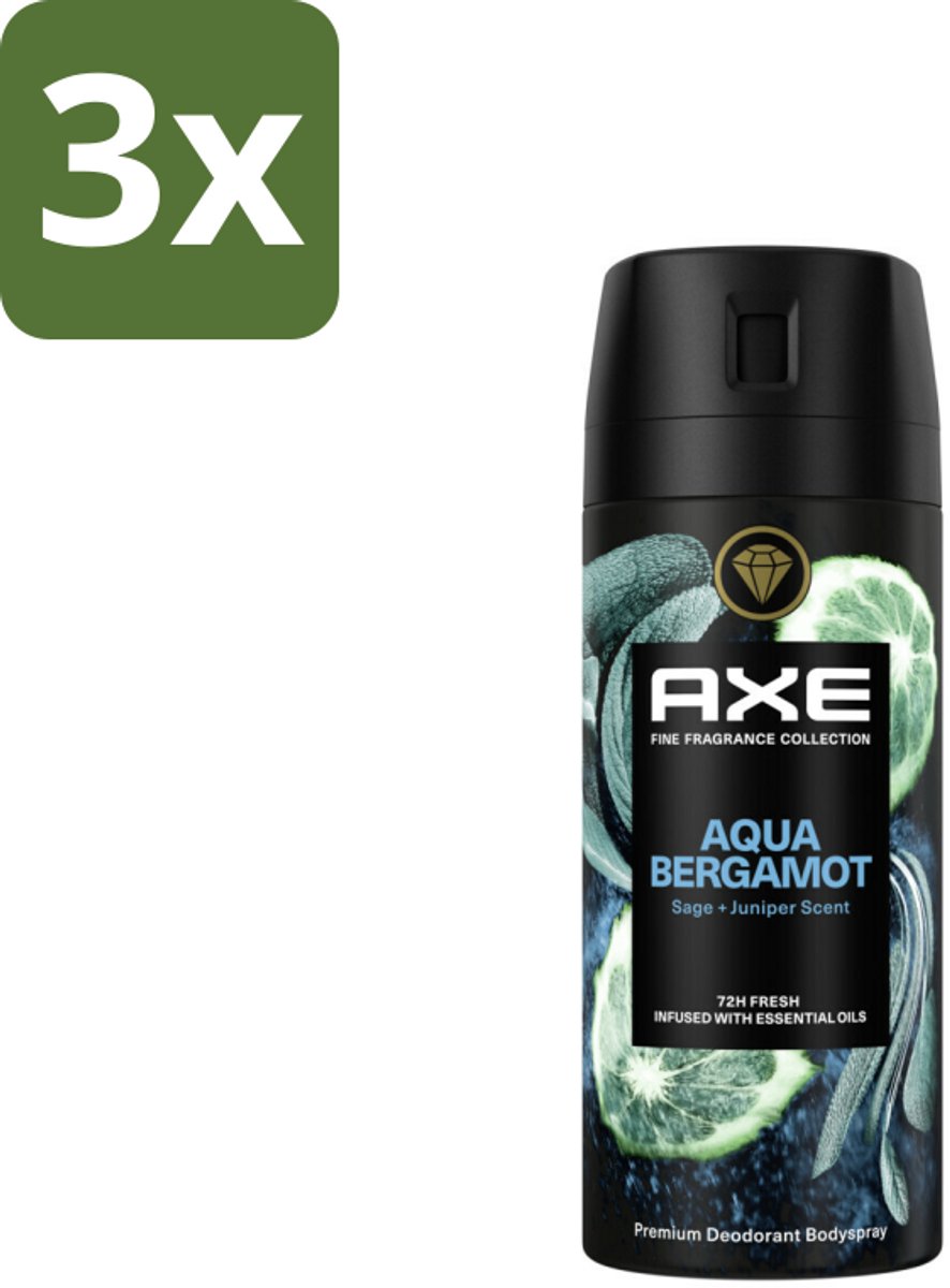 3 x Axe Deodorant Bodyspray Aqua Bergamot 150 ml - Axe Aqua Bergamot - Deodorant Bodyspray - 72 Uur Bescherming - Onweerstaanbare Geur - Premium Geur