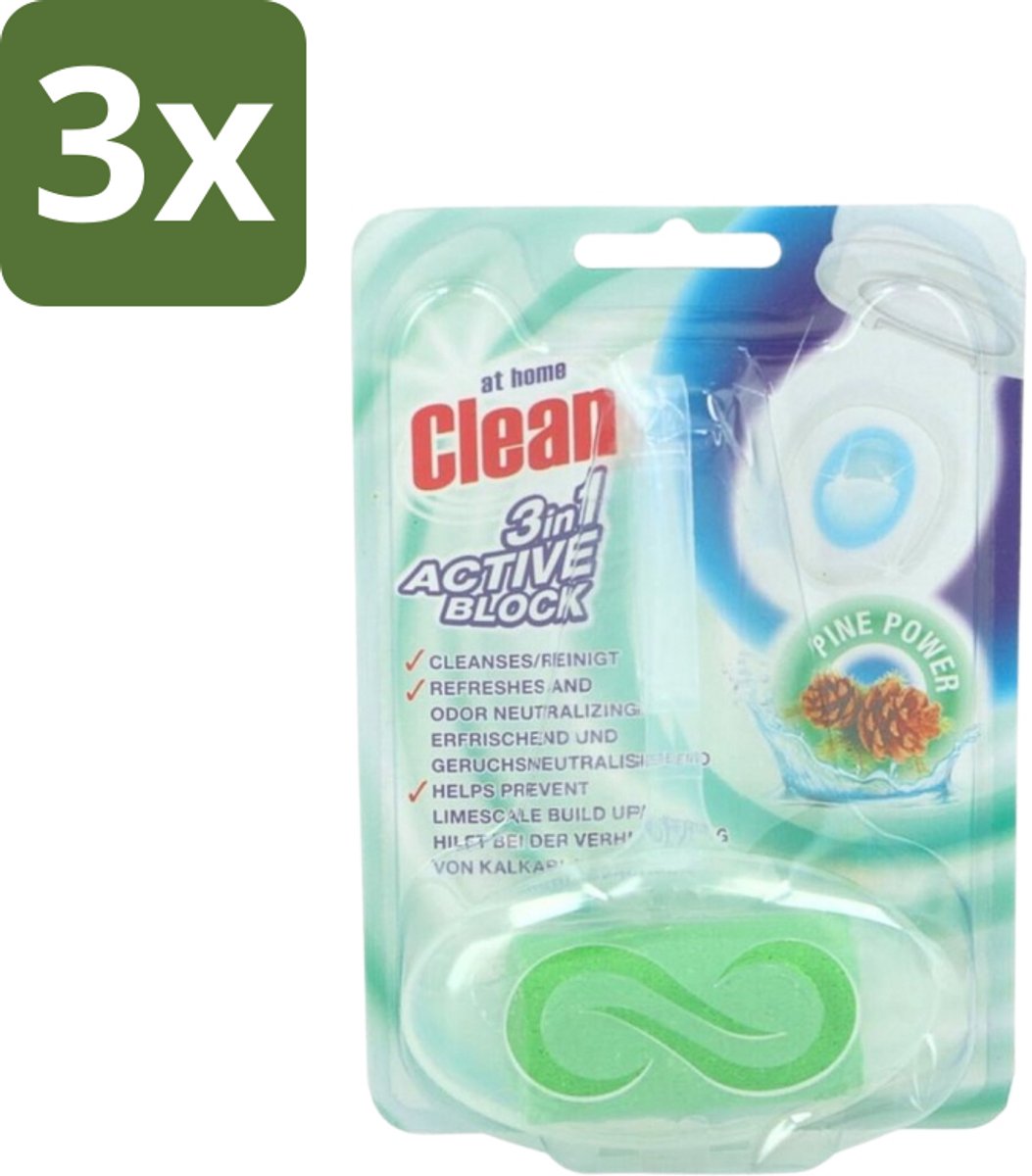 3 x At Home - Clean - Toiletblok - 3in1 Active - Pine Power - Neutraliseert & Reinigt - 1 Blok - Toiletblok - Reinigen Toilet - Neutraliseren Geuren - Fris Toilet - Dennenboom Geur