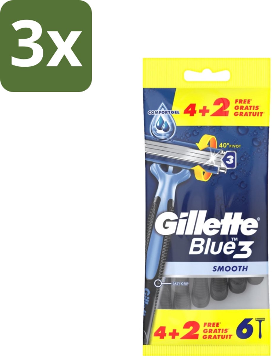 3 x Gillette - Blue 3 Smooth - Wegwerpscheermesjes - Comfortabele scheerbeurt - 6 Scheermesjes - Scheermesje - Wegwerpscheermesje - Scheren - Scheren Voor Mannen - Comfortabele Scheerbeurt