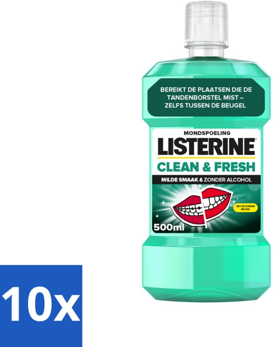 10 x Listerine - Mondwater - Clean & Fresh - Zonder Alcohol - 500 ml - Mondspoeling - Mondwater - Tandplak - Bacteriën - Beugel