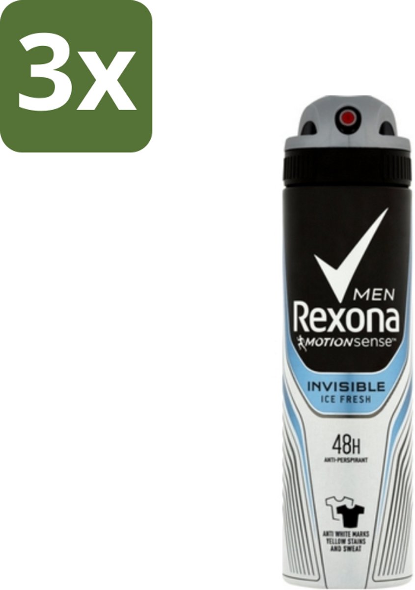 3 x Rexona Men - Invisible Ice Fresh - Deodorant Spray - 150 ml - Deodorant Spray - Zweetbescherming - Lichaamsgeur - Mannelijke Deodorant - Frisheid