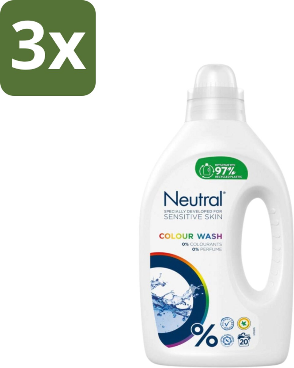 3 x Neutral Vloeibaar Wasmiddel Kleur 20 Wasbeurten 1 liter - Gekleurde Was - Wasmiddel - Wasmiddel 0% Kleurstof - Wasmiddel 0% Parfum - Hypoallergeen Wasmiddel