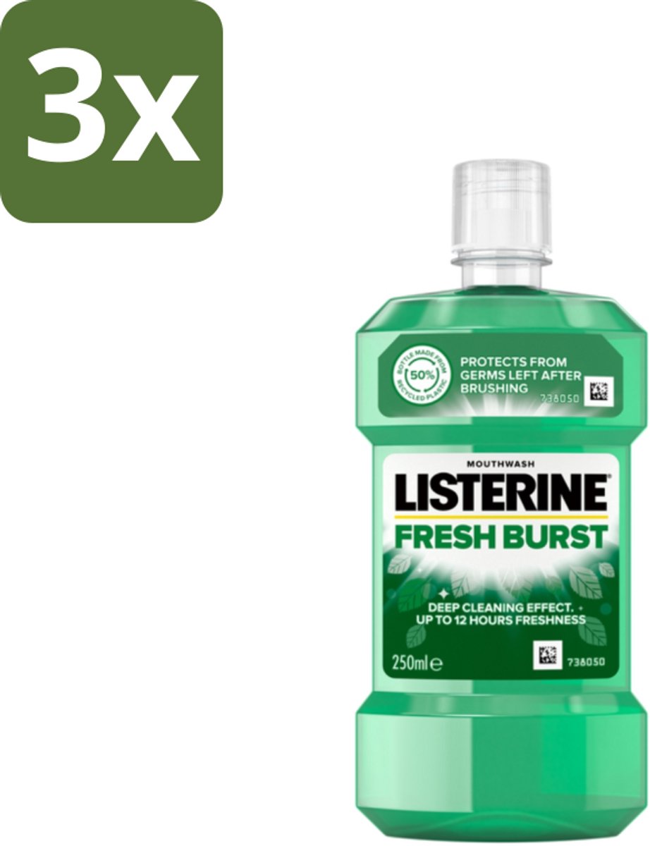 3 x Listerine - Mondwater - Fresh Burst - 250 ml - Mondwater - Mondspoeling - Antibacterieel Mondwater - Frisse Adem - Tandplak