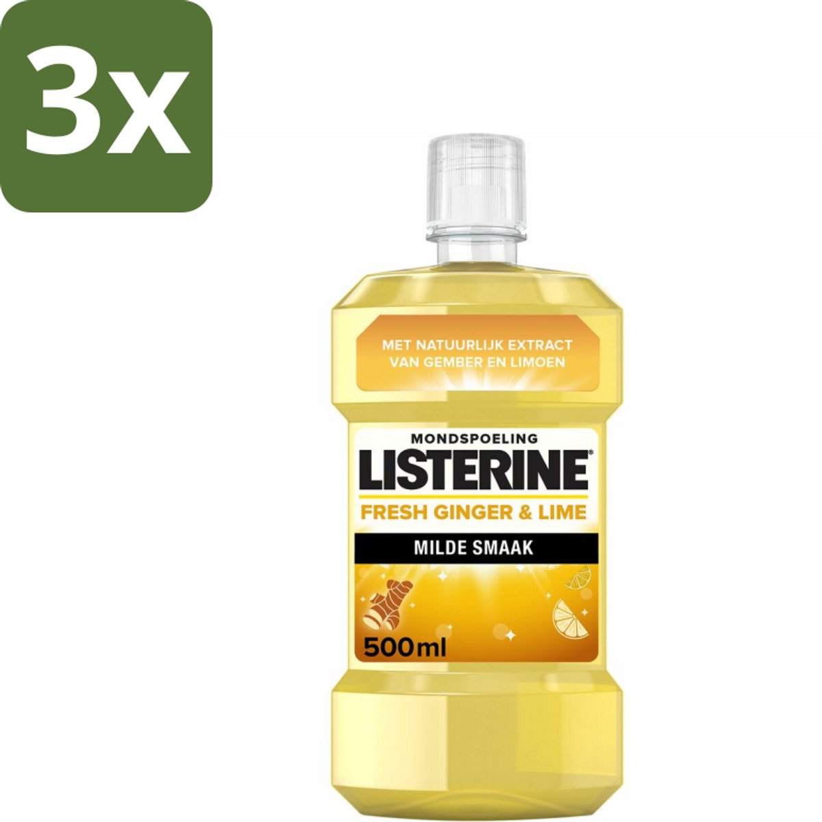 3 x Listerine - Mondwater - Fresh Ginger & Lime - 500 ml - Mondspoeling - Gember En Limoen - Tandplak - Bacteriën - Fluoride