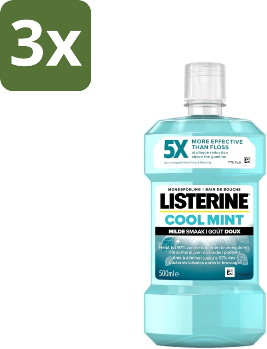 3 x Listerine - Mondwater - Cool Mint - Milde Smaak - 500 ml - Mondspoeling - Mondwater - Mondhygiëne - Tandplak - Tandvlees