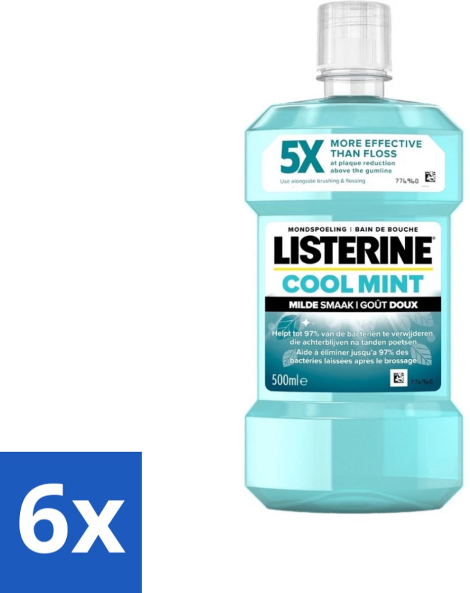 6 x Listerine - Mondwater - Cool Mint - Milde Smaak - 500 ml - Mondspoeling - Mondwater - Tandplak - Tandvlees - Mondhygiëne