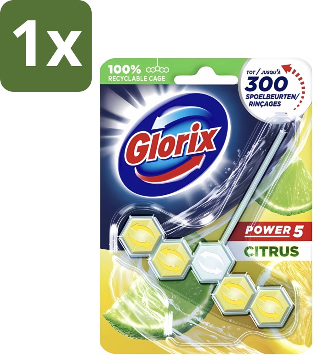 1 x Glorix - Toiletblok - Power 5 - Lemon - Citroenfris & Hygiënisch - 55 g - Toiletblok - Citroengeur - Hygiëne - Reiniging - Anti-kalk