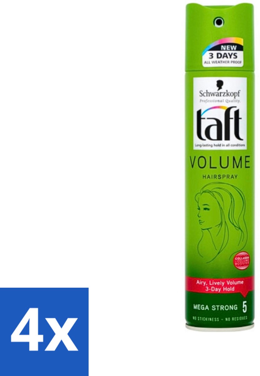 4 x Schwarzkopf - Taft - True Volume Haarspray - Mega Strong - Volumeboost & Fixatie - 250 ml - Haarspray - Volume - Fixatie - Fijn Haar - Vegan